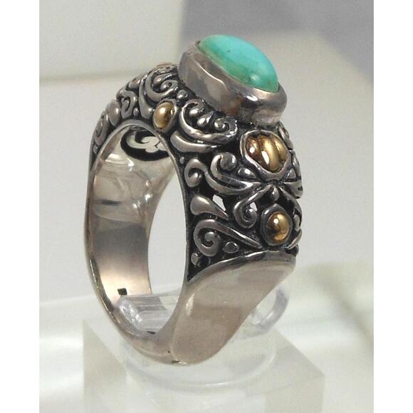 Elegant Vintage Turquoise Ring Sterling Silver 18K Gold Handmade Designer Size 8 - Picture 1 of 10